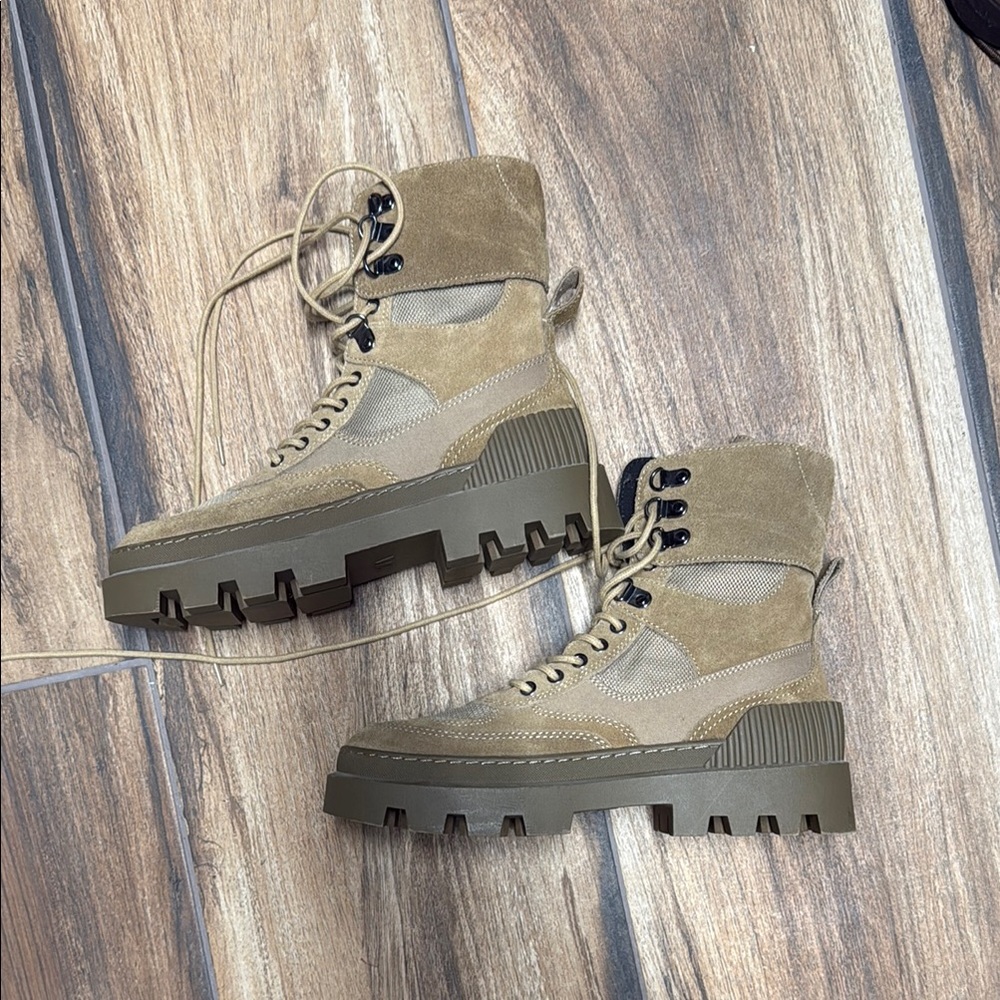 Zara Tan Combat Boots with Rugged Outsole and High-Top Design